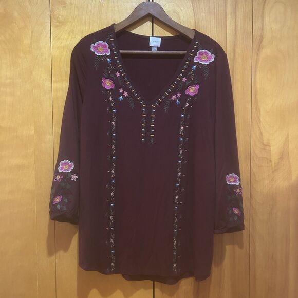 Cupio Blouse Womens XL Burgundy Floral Embroidery Boho Peasant Folk Hippie - Picture 2 of 10